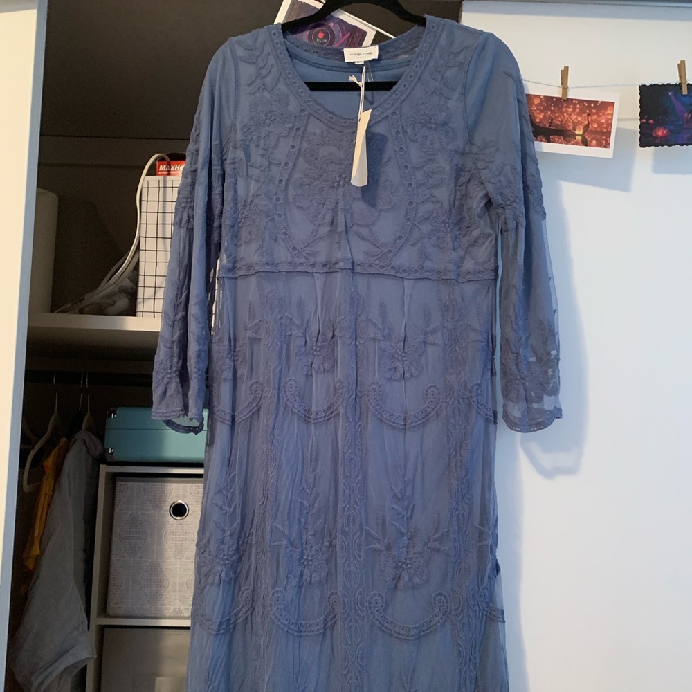 Blue lace overlay midi dress